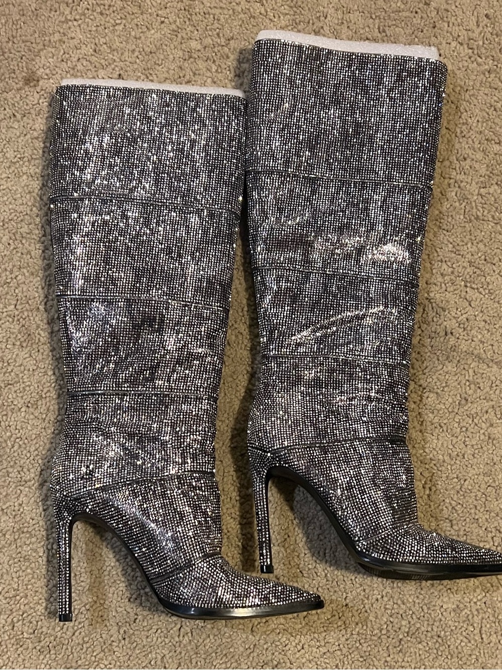 Steve Madden Silver Glitter Pointed-Toe Knee-High Stiletto Boots